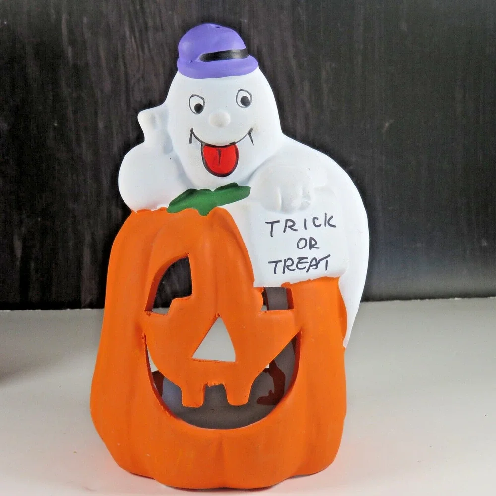 Ceramic Ghost Pumpkin Halloween Tea Light Candle Holder Statue 7” Kmart Vintage